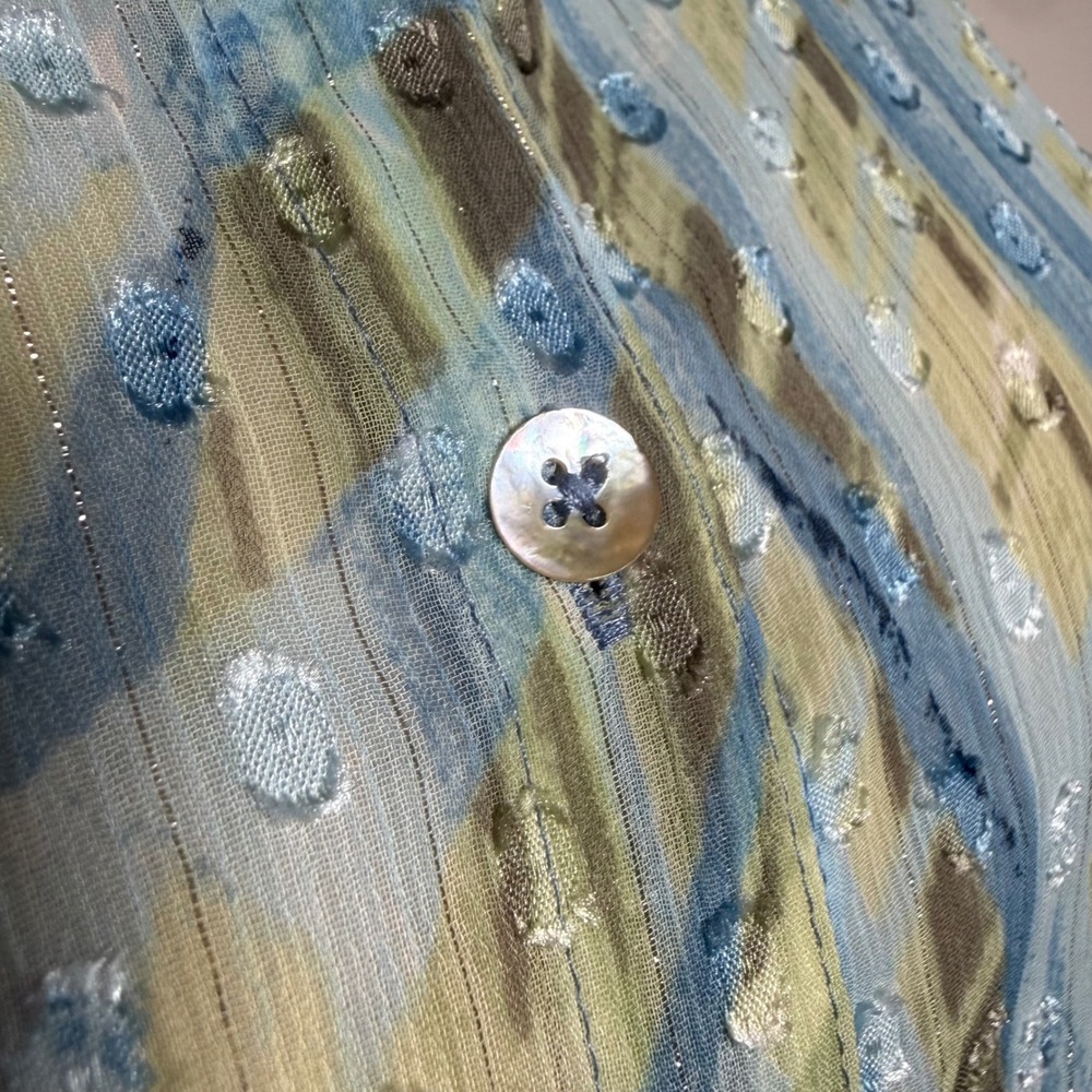 Chico's Abstract Palm Print Clip Dot Metallic Blouse Blue Green Size 1 Medium - Picture 5 of 12